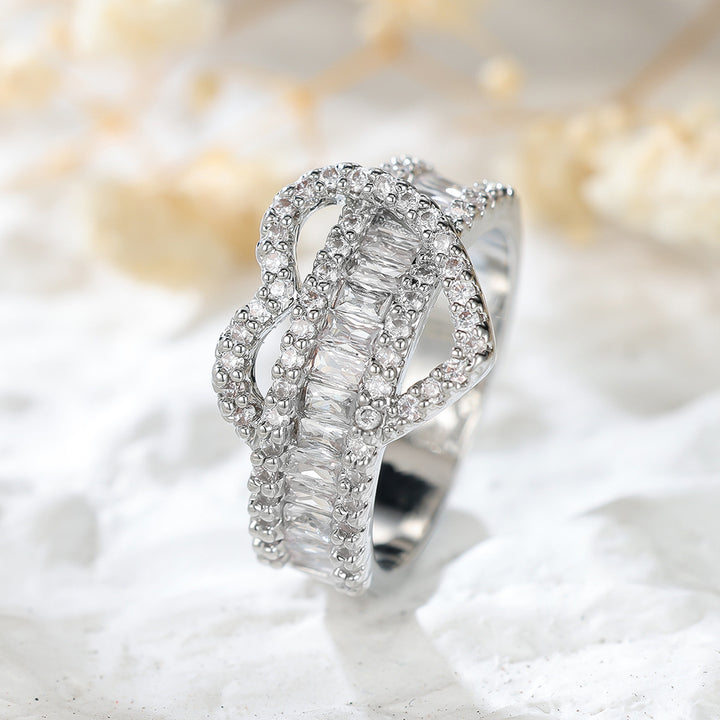Intertwined Double‑Heart Full‑Paved Ring Luxurious Baguette Diamond Band