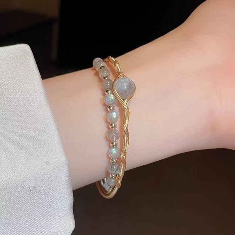 Sterling Silver Plated 14K Gold Hand Wire Wrapped Labradorite Stackable Bracelet Set