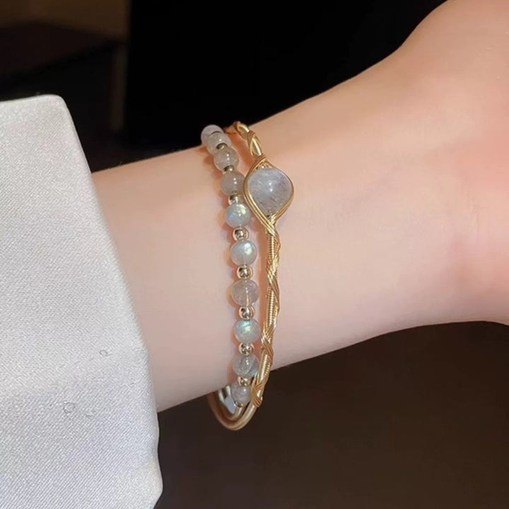 Sterling Silver Plated 14K Gold Hand Wire Wrapped Labradorite Stackable Bracelet Set