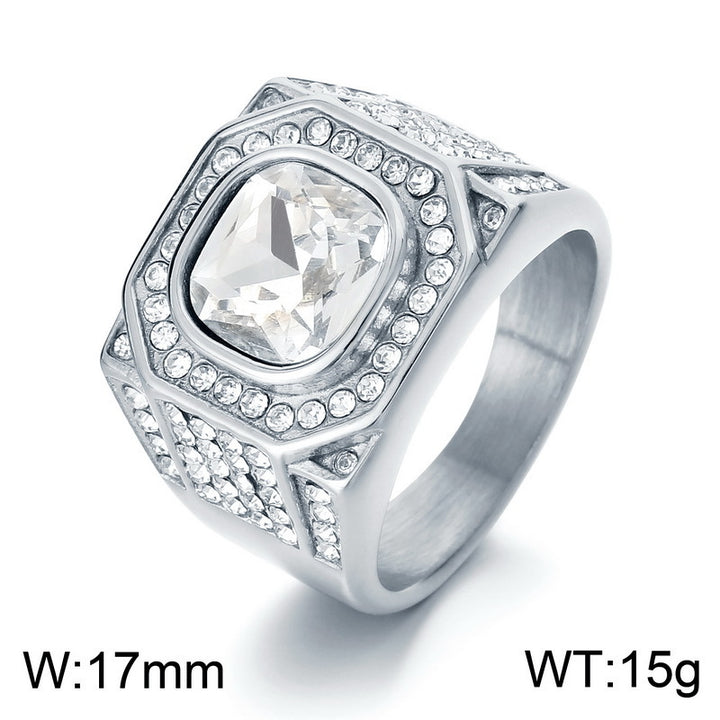 Wide Men’s Ring With Square Center Stone & Surrounding Diamonds Vintage Hip‑Hop Heavy‑Weight Band