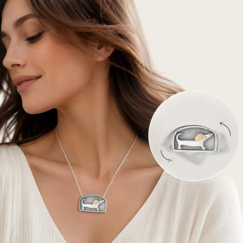 Floating Movable Dachshund Necklace Two-Tone 925 Sterling Silver Dog Lover Jewelry