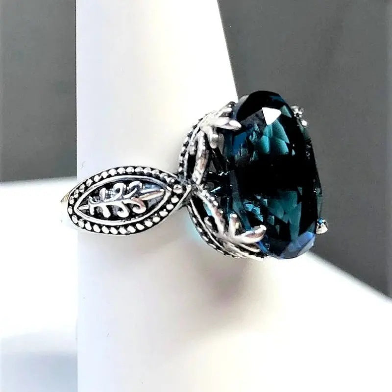 Blue Sapphire Oval Filigree Ring Women Vintage Leaf Art Nouveau Silver Cocktail Ring