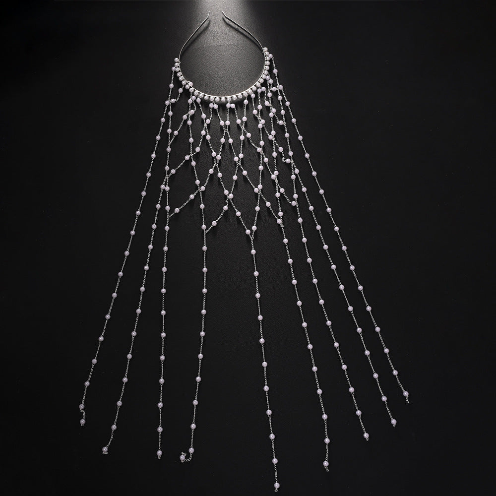 Bohemian Pearl Tassel Head Chain S925 Sterling Silver Bridal Hair Accessory