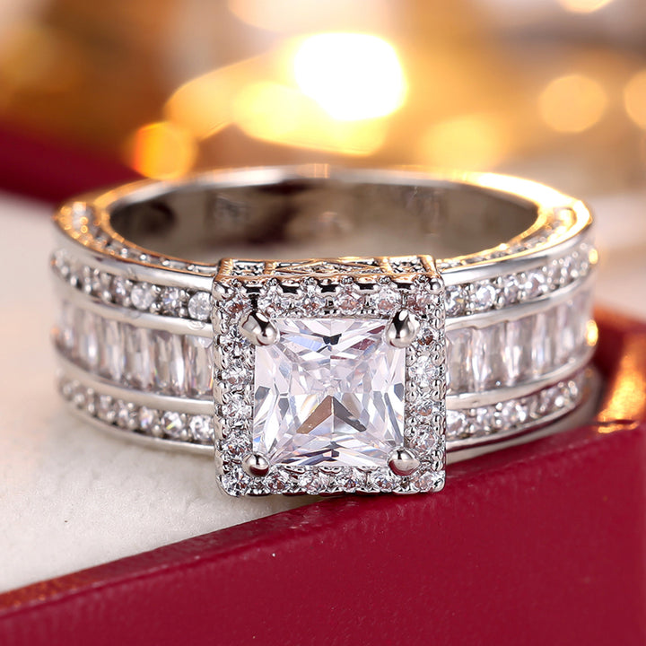 Princess Cut Diamond Statement Ring Wide Band Halo Ring Luxury Wedding Engagement Ring For Men Women Cocktail Party Fine Jewelry