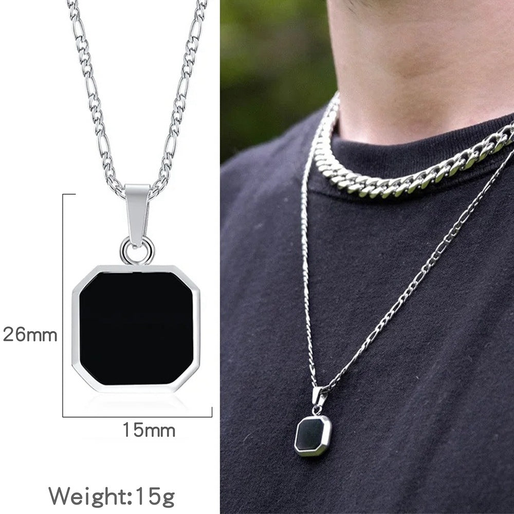 Octagon Square Black Onyx Pendant Minimalist Vintage Mens Rope Chain Necklace