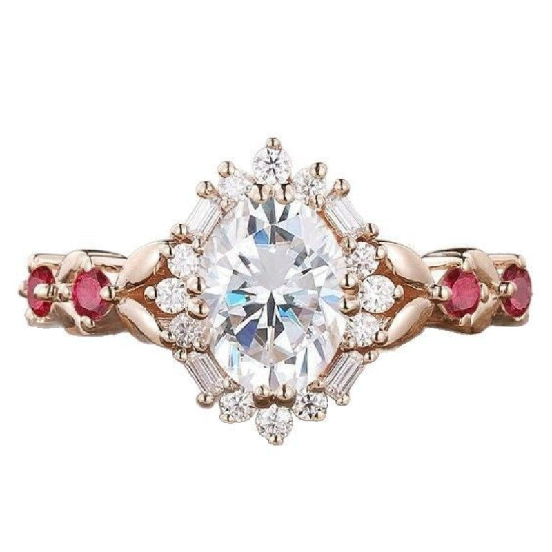 Oval Diamond Halo Engagement Ring Women Rhombus Ruby Accent Vintage Court Style Wedding Ring