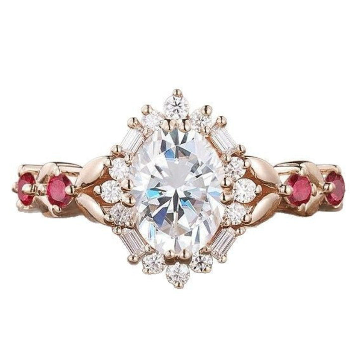 Oval Diamond Halo Engagement Ring Women Rhombus Ruby Accent Vintage Court Style Wedding Ring
