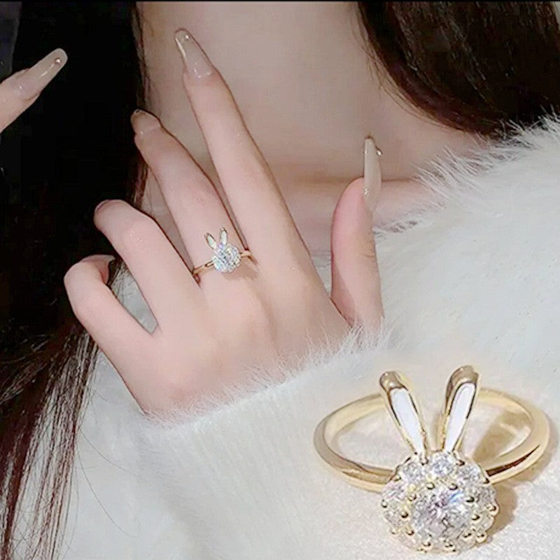 Floral &amp; Symbolic Open Adjustable Ring Collection Sunflower Evil Eye Rabbit Diamond Jewelry for Women