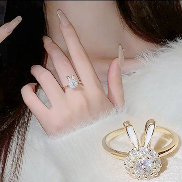 Floral &amp; Symbolic Open Adjustable Ring Collection Sunflower Evil Eye Rabbit Diamond Jewelry for Women