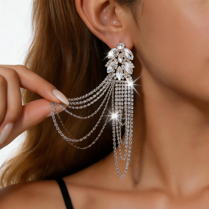 Long Tassel Chandelier Earrings Women Marquise Crystal Cluster Dangle Earrings Silver Black Obsidian