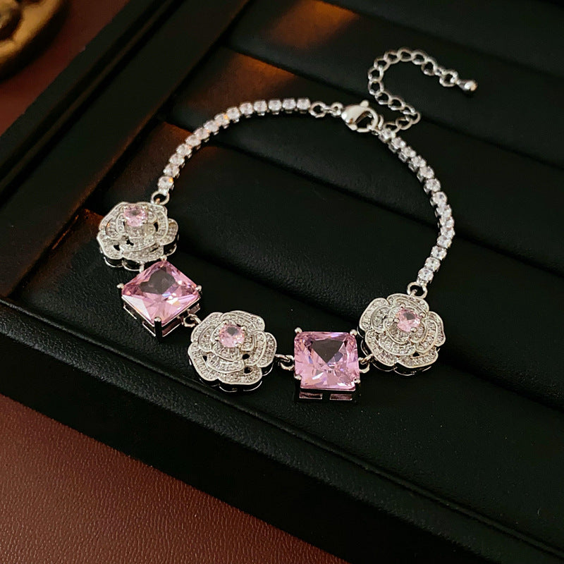 Camellia Pink Square Gemstone Jewelry Set Luxury Glam Women Necklace Bracelet Earring Kit