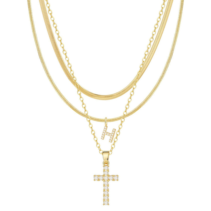 S925 Silver Layered Initial & Cross Pendant Necklace Set 26 Letters Diamond Snake Chain Necklace for Women