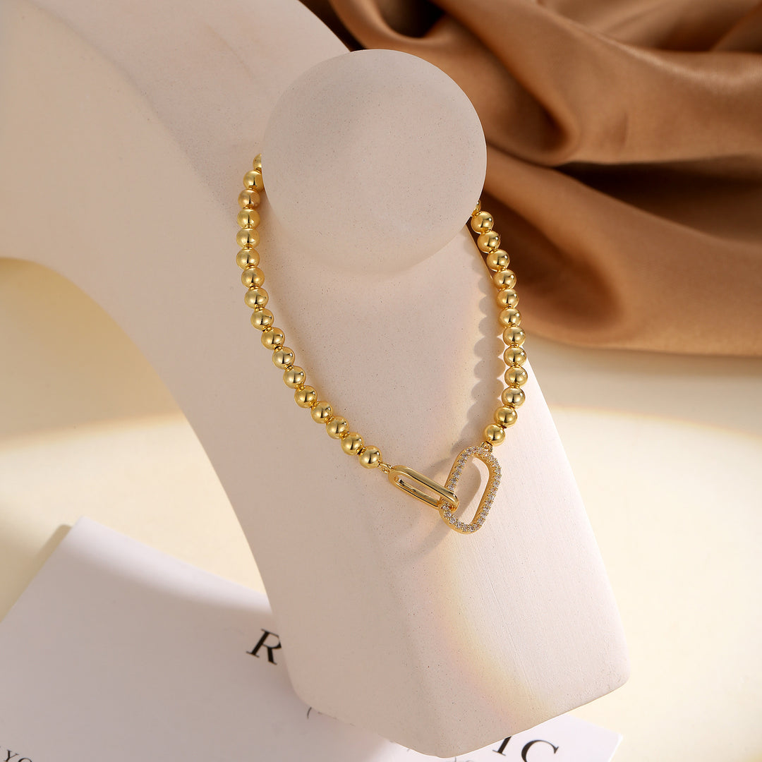 Minimalist Beaded Paperclip Bracelet & Necklace Set S925 Sterling Silver with Natural Diamonds