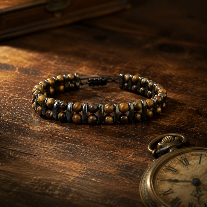 Vintage Tiger Eye & Hematite Double Layer Bracelet | Adjustable Braided Men’s Jewelry