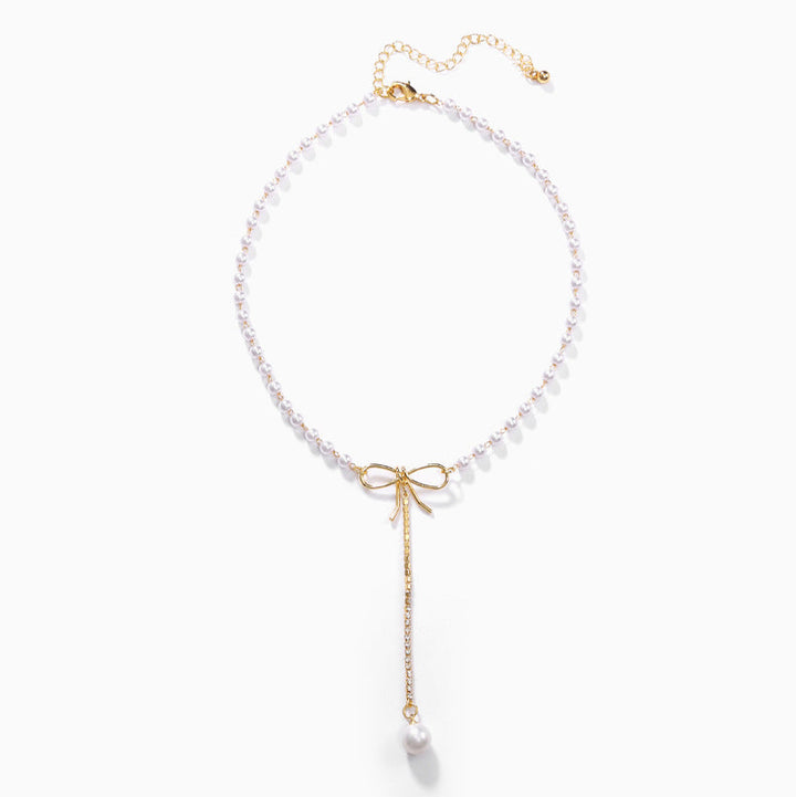 Bow Pearl Choker Necklace, Delicate Tassel Pearl Pendant Minimalist Clavicle Chain for Women