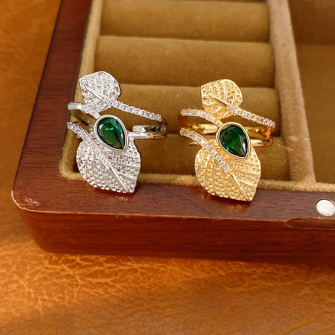 Emerald Green Pear Cut Leaf Open Ring Women Nature Inspired Adjustable Statement Ring Two Tone Jewelry
