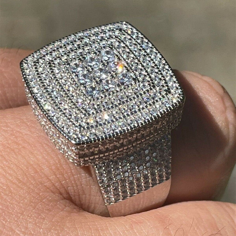 Square Multi‑Layer Full‑Pave Diamond Wide Band Men Ring Hip‑Hop Heavy‑Set Shiny Diamond Ring