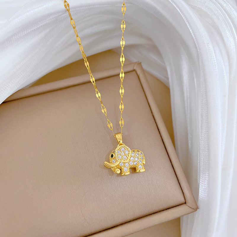 Charming Elephant Pendant Necklace, Diamond‑Inlaid 18K Gold‑Plated Sterling Silver Necklace