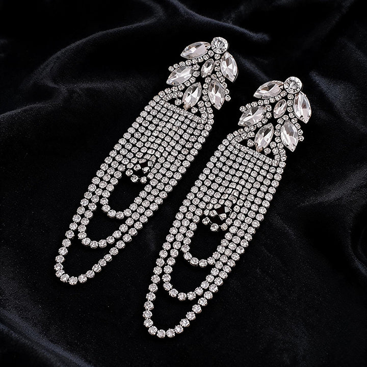 Long Tassel Chandelier Earrings Women Marquise Crystal Cluster Dangle Earrings Silver Black Obsidian