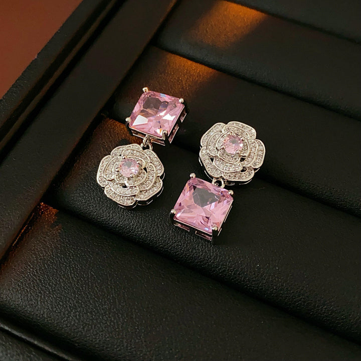 Camellia Pink Square Gemstone Jewelry Set Luxury Glam Women Necklace Bracelet Earring Kit