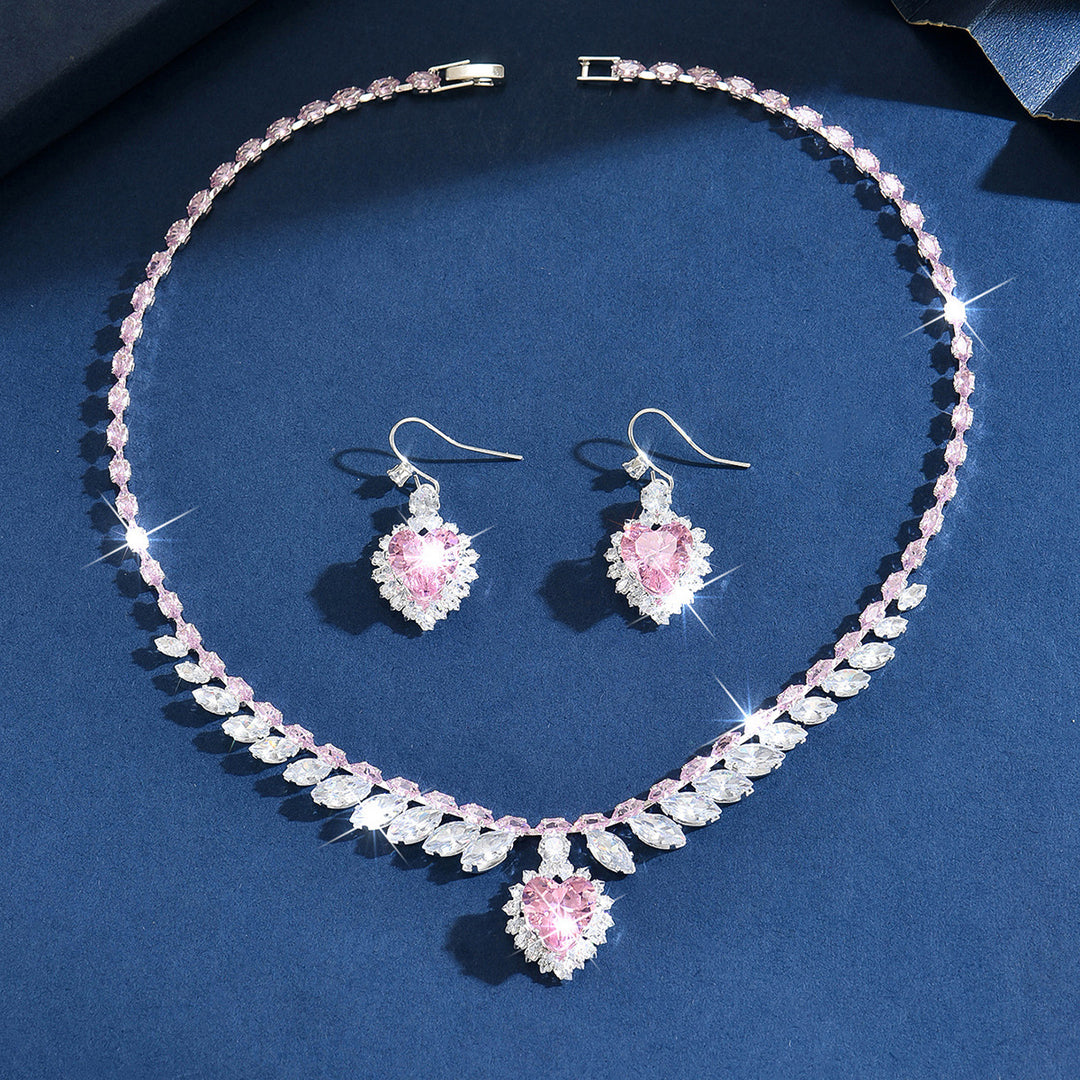 Pink Heart Diamond Jewelry Set Women Necklace Earrings Silver Choker Luxury Gift