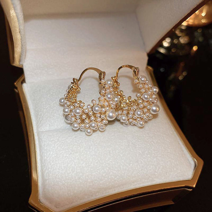 Vintage Lace Cluster Pearl Hoop Earrings French Ornate Women’s Click‑Top Earrings