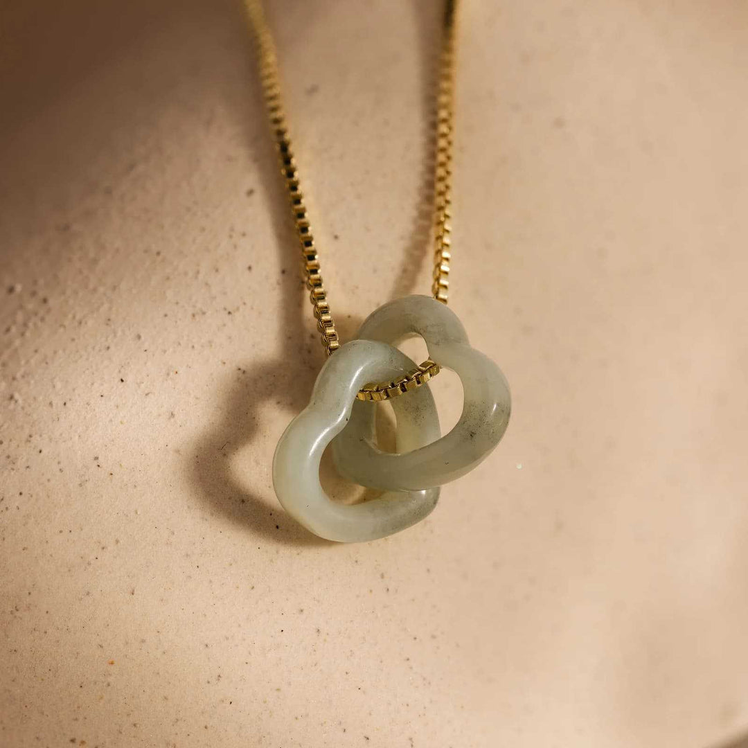 Natural Jade Interlocking Heart Necklace Minimalist Gemstone Pendant Necklace