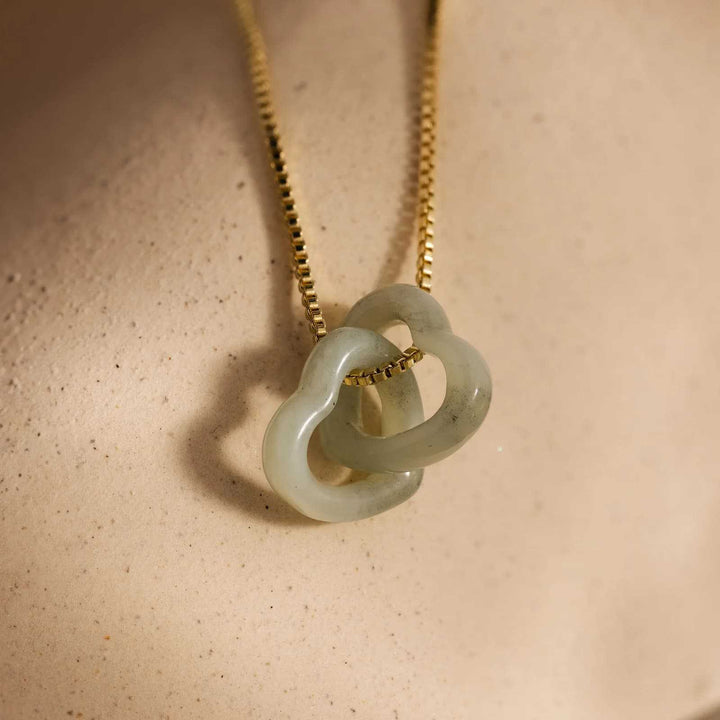 Natural Jade Interlocking Heart Necklace Minimalist Gemstone Pendant Necklace