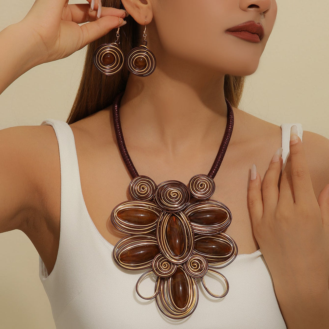 Vintage Wrapped Brown Gemstone Floral Necklace Earring Set Ethnic Heavy Craft Artistic Women Jewelry Set