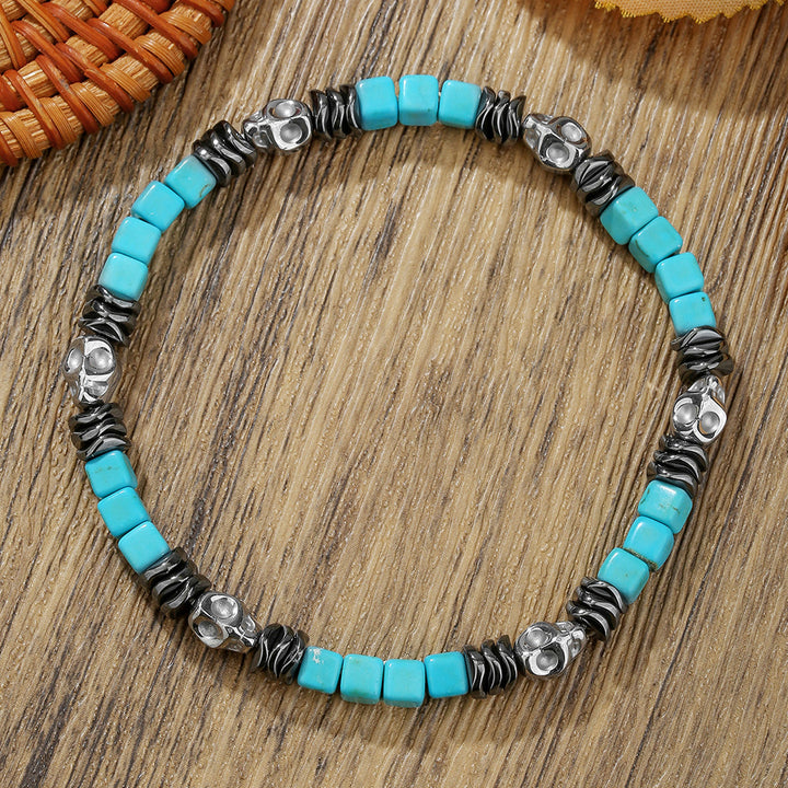 Turquoise Skull Beaded Bracelet Unisex Retro Stackable Fashion Jewelry