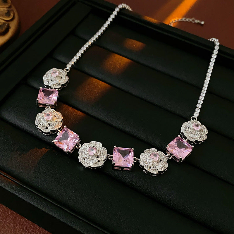 Camellia Pink Square Gemstone Jewelry Set Luxury Glam Women Necklace Bracelet Earring Kit