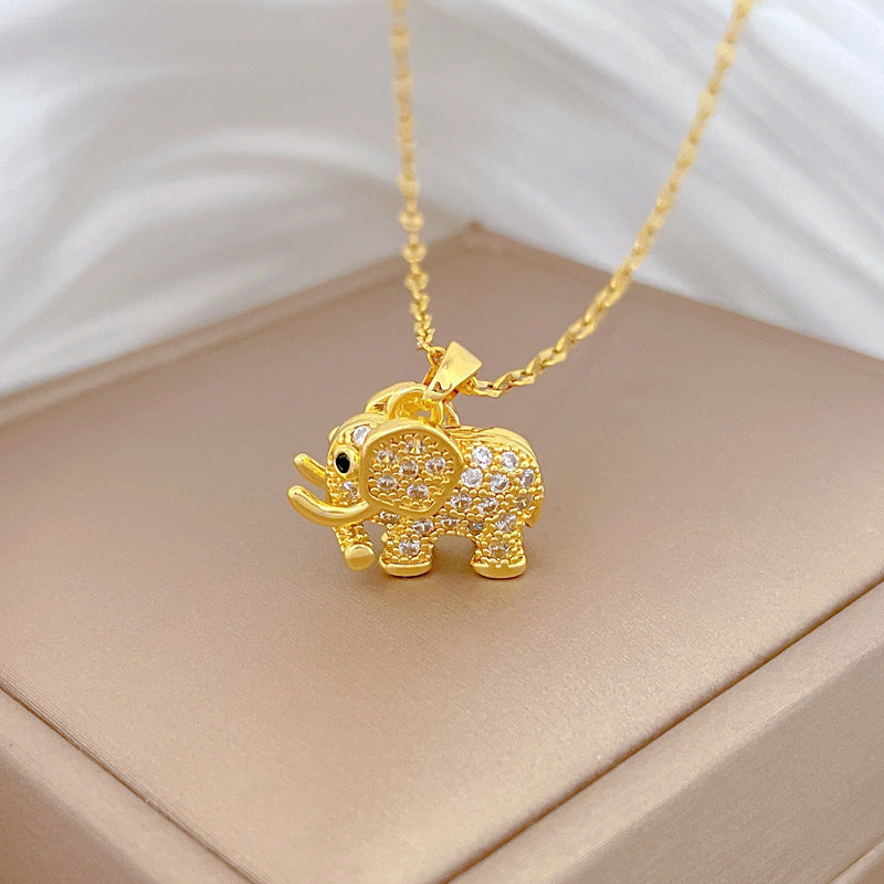 Charming Elephant Pendant Necklace, Diamond‑Inlaid 18K Gold‑Plated Sterling Silver Necklace