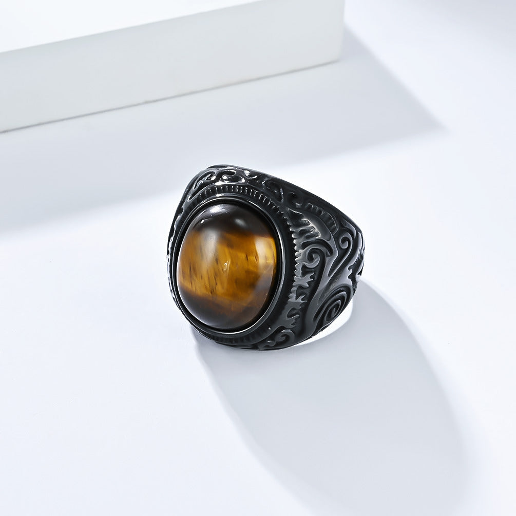 Vintage Carved Tiger‑Eye Titanium Steel Men’s Ring Two‑Tone Wide‑Band Signet Ring