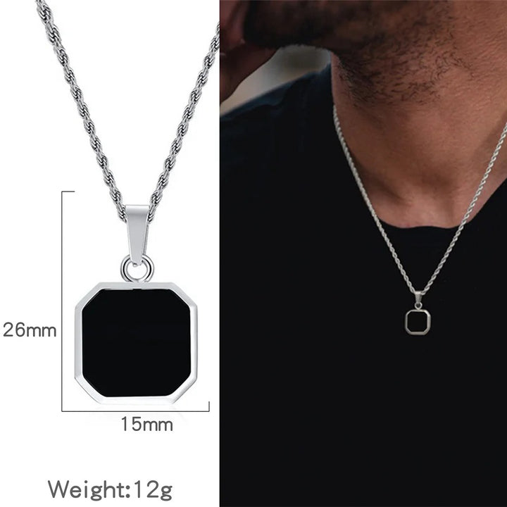 Octagon Square Black Onyx Pendant Minimalist Vintage Mens Rope Chain Necklace