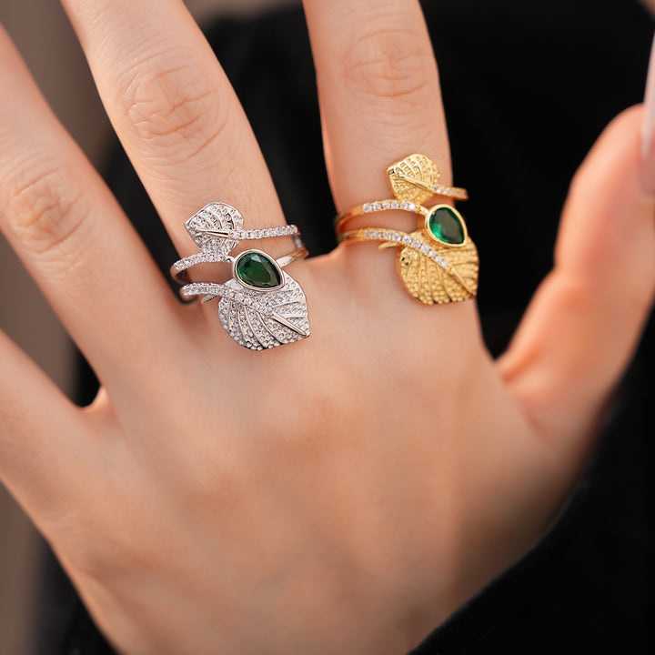 Emerald Green Pear Cut Leaf Open Ring Women Nature Inspired Adjustable Statement Ring Two Tone Jewelry
