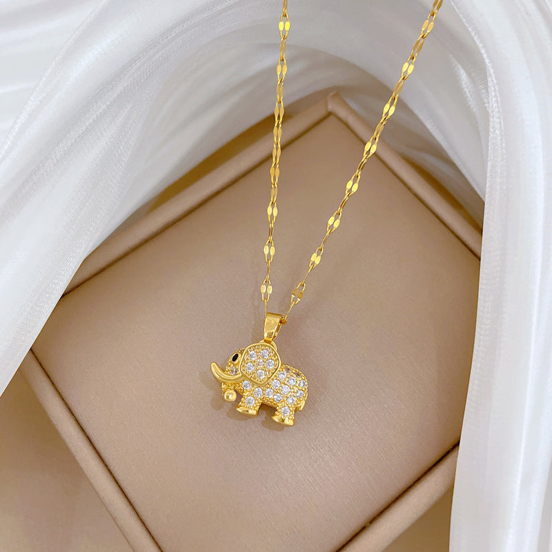 Charming Elephant Pendant Necklace, Diamond‑Inlaid 18K Gold‑Plated Sterling Silver Necklace