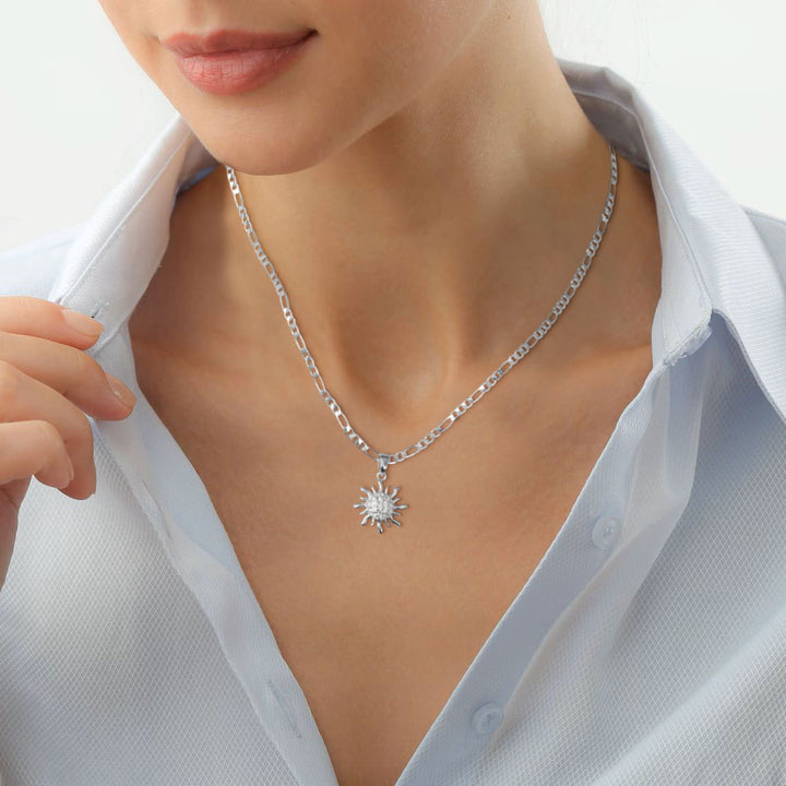Minimalist Natural Diamond Sun Pendant Necklace S925 Sterling Silver Figaro Chain Fine Jewelry