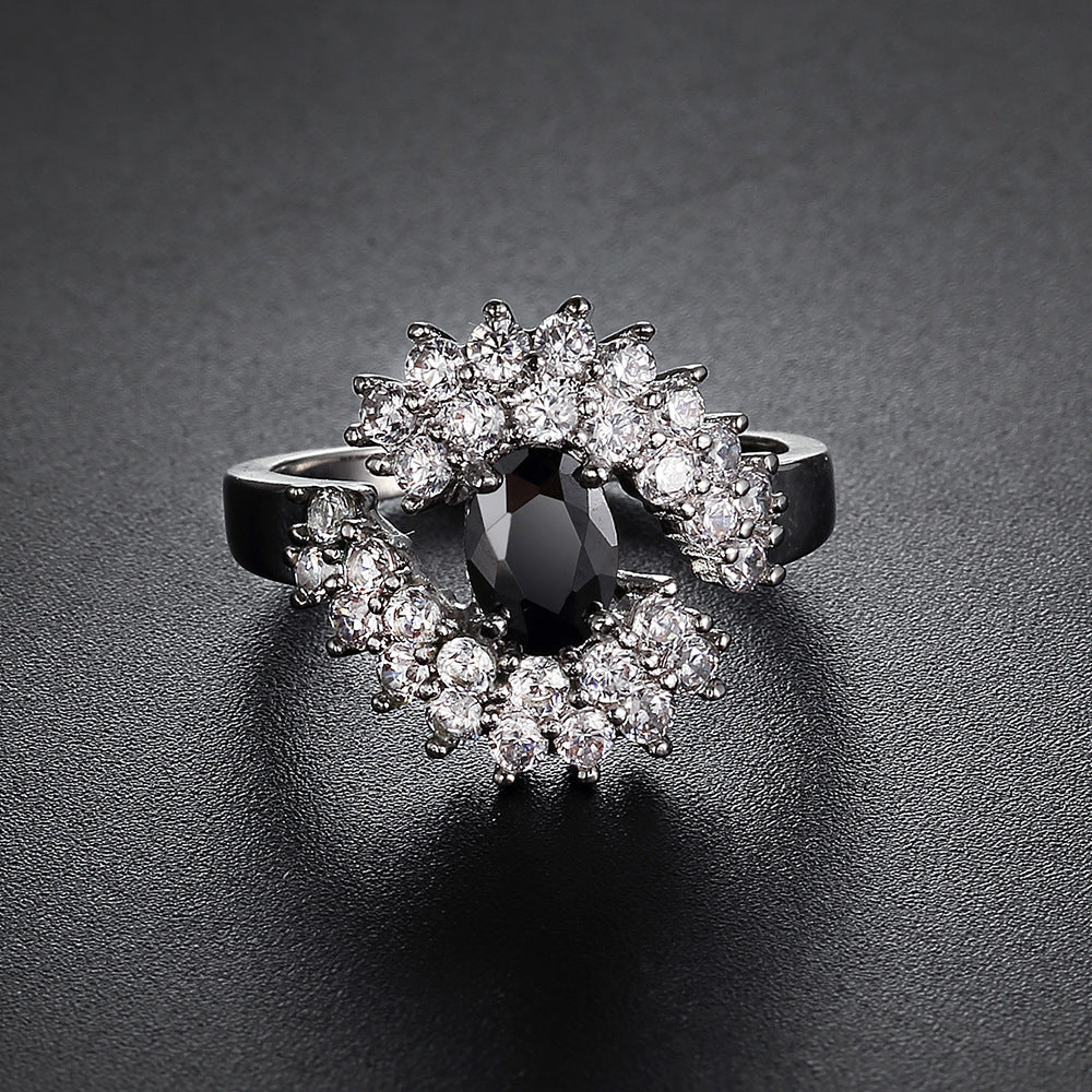 Oval Black Obsidian Halo Diamond Ring Women Silver Tone Crown Cluster Sunburst Cocktail Ring Vintage Black Stone Statement Jewelry