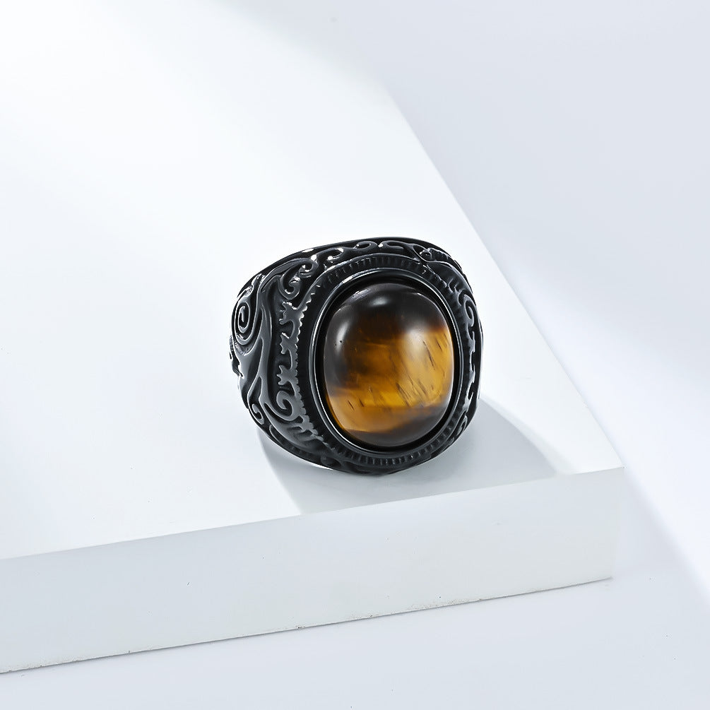Vintage Carved Tiger‑Eye Titanium Steel Men’s Ring Two‑Tone Wide‑Band Signet Ring