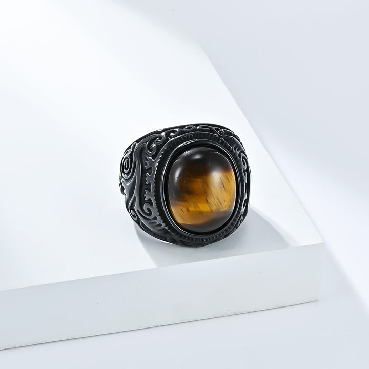 Vintage Carved Tiger‑Eye Titanium Steel Men’s Ring Two‑Tone Wide‑Band Signet Ring