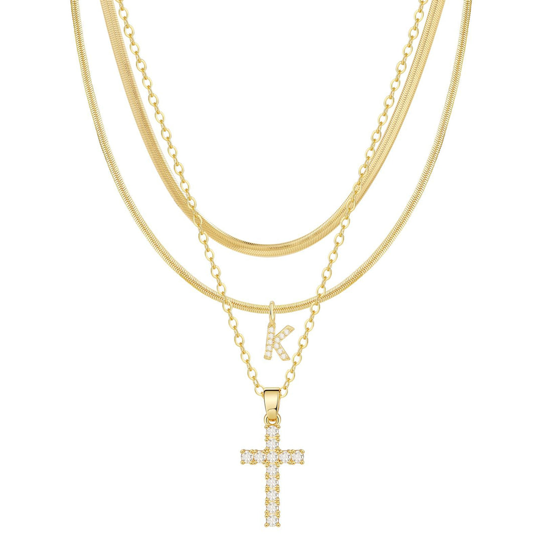 S925 Silver Layered Initial & Cross Pendant Necklace Set 26 Letters Diamond Snake Chain Necklace for Women