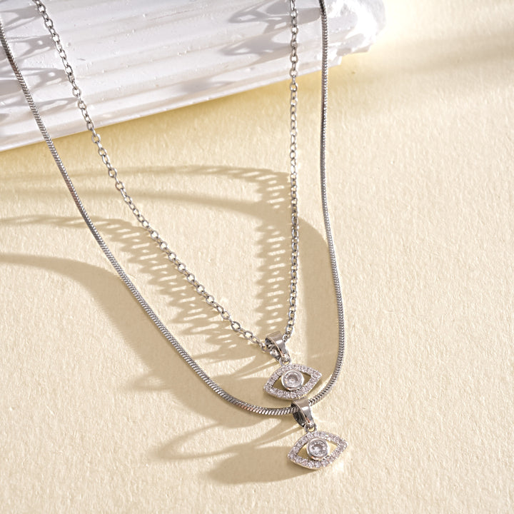Layered Evil Eye Necklace for Women, Dainty Paved Diamond Clavicle Chain, Stainless Steel Non-fading Protection Pendant