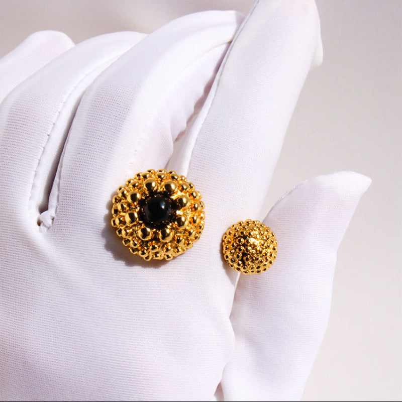 Black Onyx Two Bead Statement Open Ring Vintage Textured Sphere Cocktail Ring