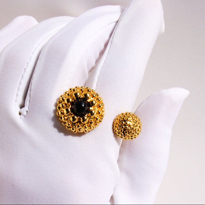 Black Onyx Two Bead Statement Open Ring Vintage Textured Sphere Cocktail Ring
