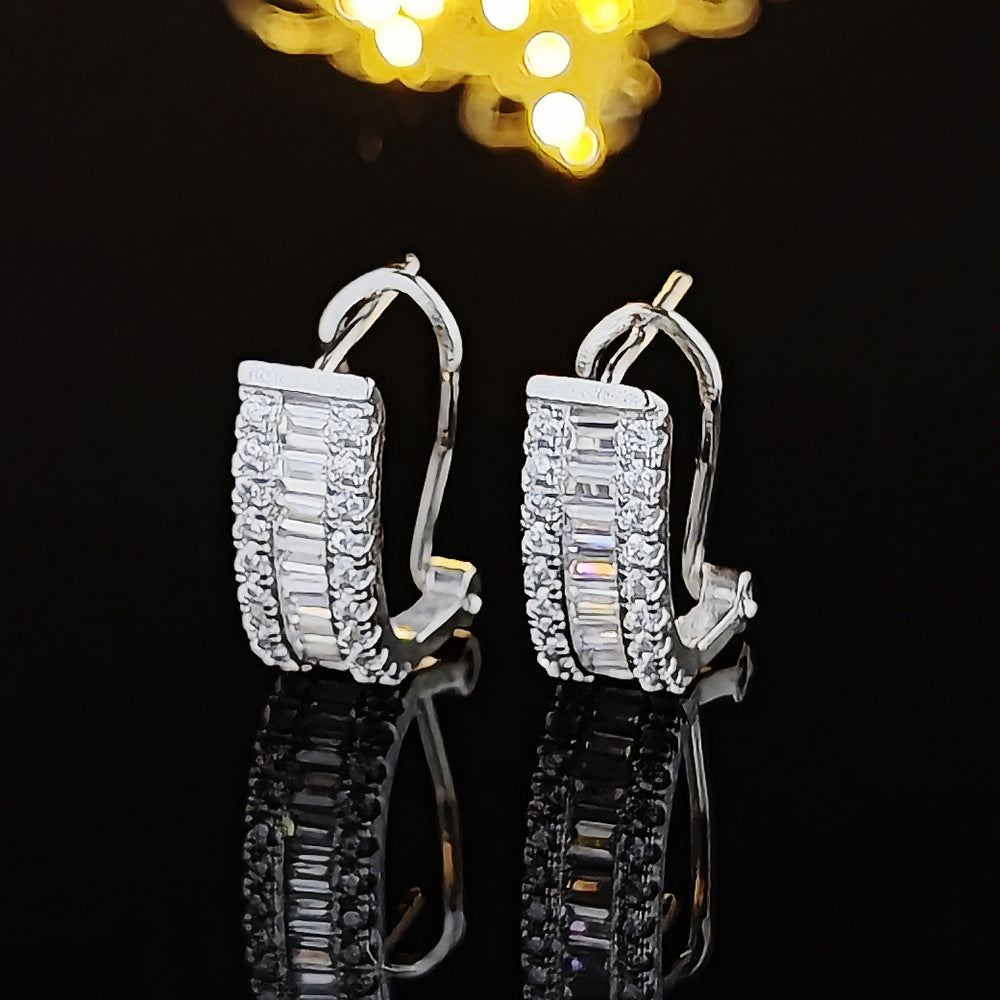 Baguette & Round Diamond Hoop Earrings S925 Silver