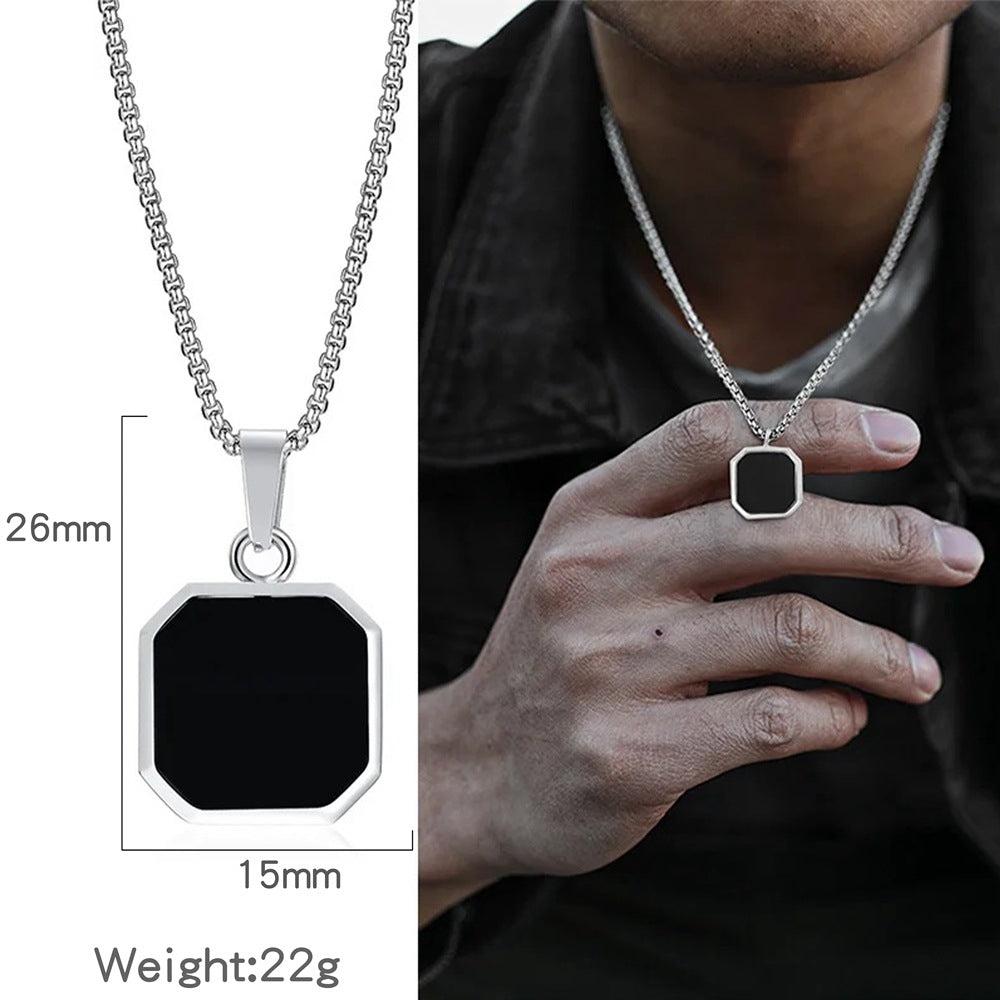 Octagon Square Black Onyx Pendant Minimalist Vintage Mens Rope Chain Necklace