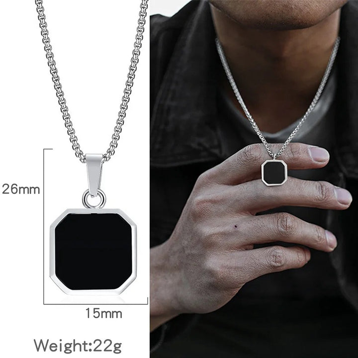Octagon Square Black Onyx Pendant Minimalist Vintage Mens Rope Chain Necklace