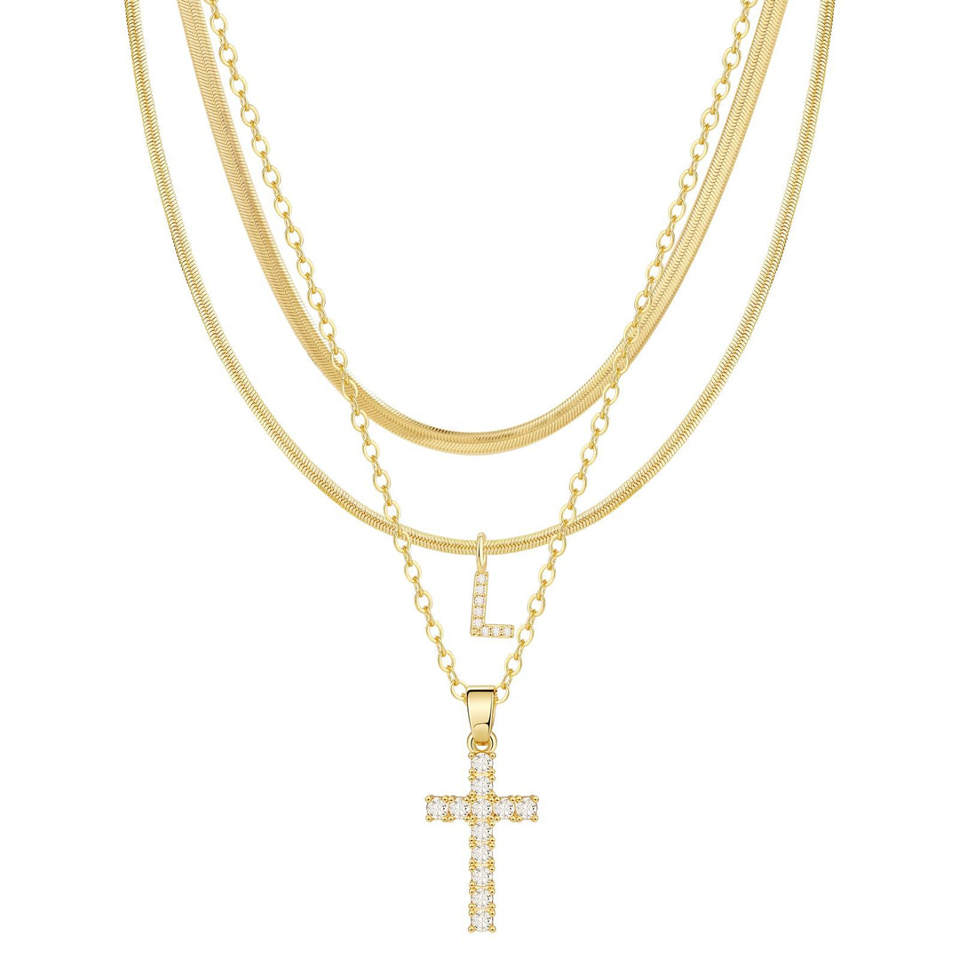 S925 Silver Layered Initial & Cross Pendant Necklace Set 26 Letters Diamond Snake Chain Necklace for Women