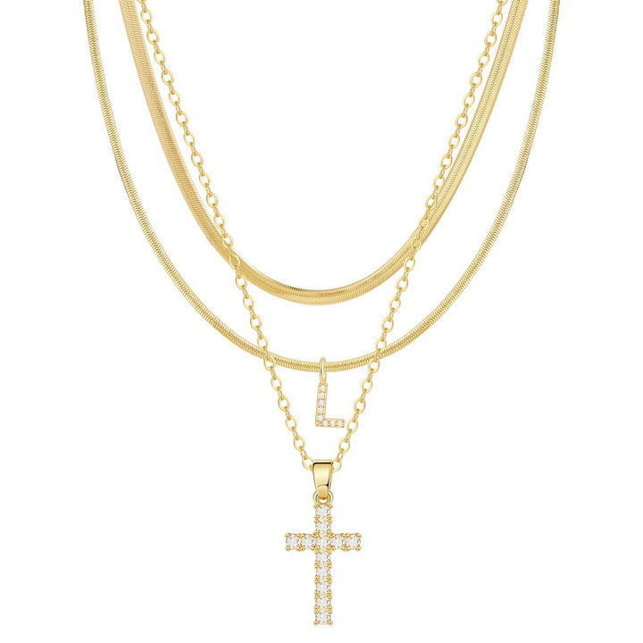 S925 Silver Layered Initial & Cross Pendant Necklace Set 26 Letters Diamond Snake Chain Necklace for Women