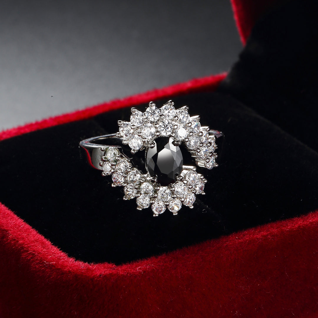 Oval Black Obsidian Halo Diamond Ring Women Silver Tone Crown Cluster Sunburst Cocktail Ring Vintage Black Stone Statement Jewelry
